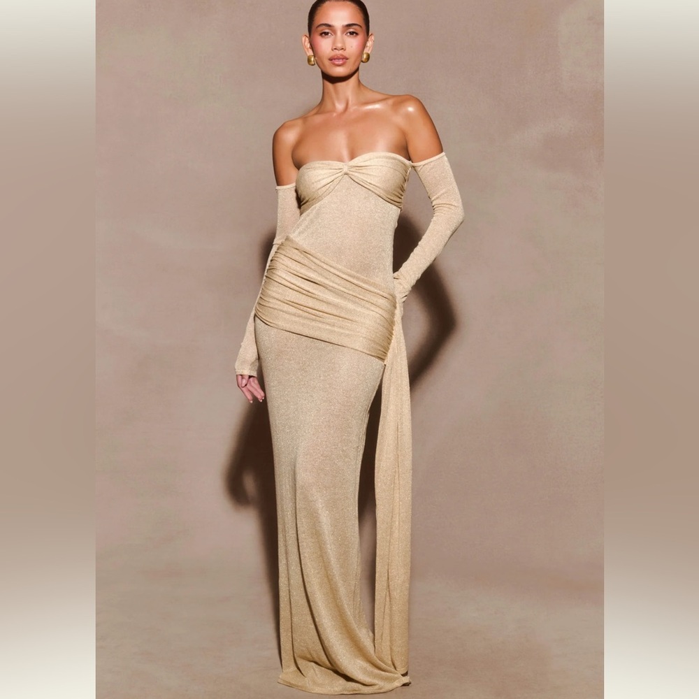 Meshki Strapless Gold Shimmer Gown with Draped Sash